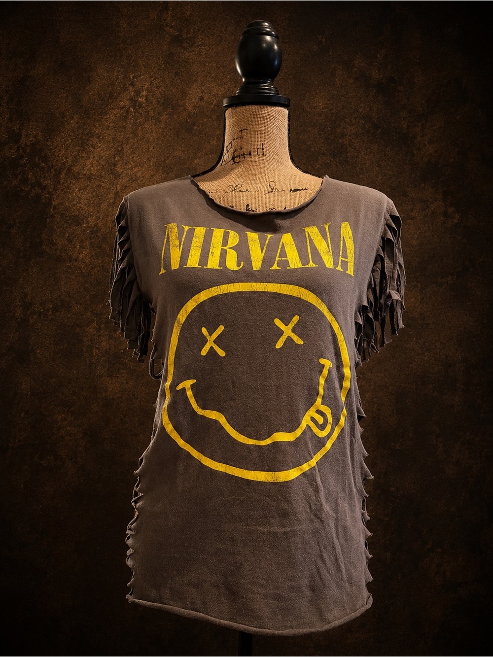 NIRVANA Charcoal Tee with Yellow Smiley Logo and Fringe Sleeves